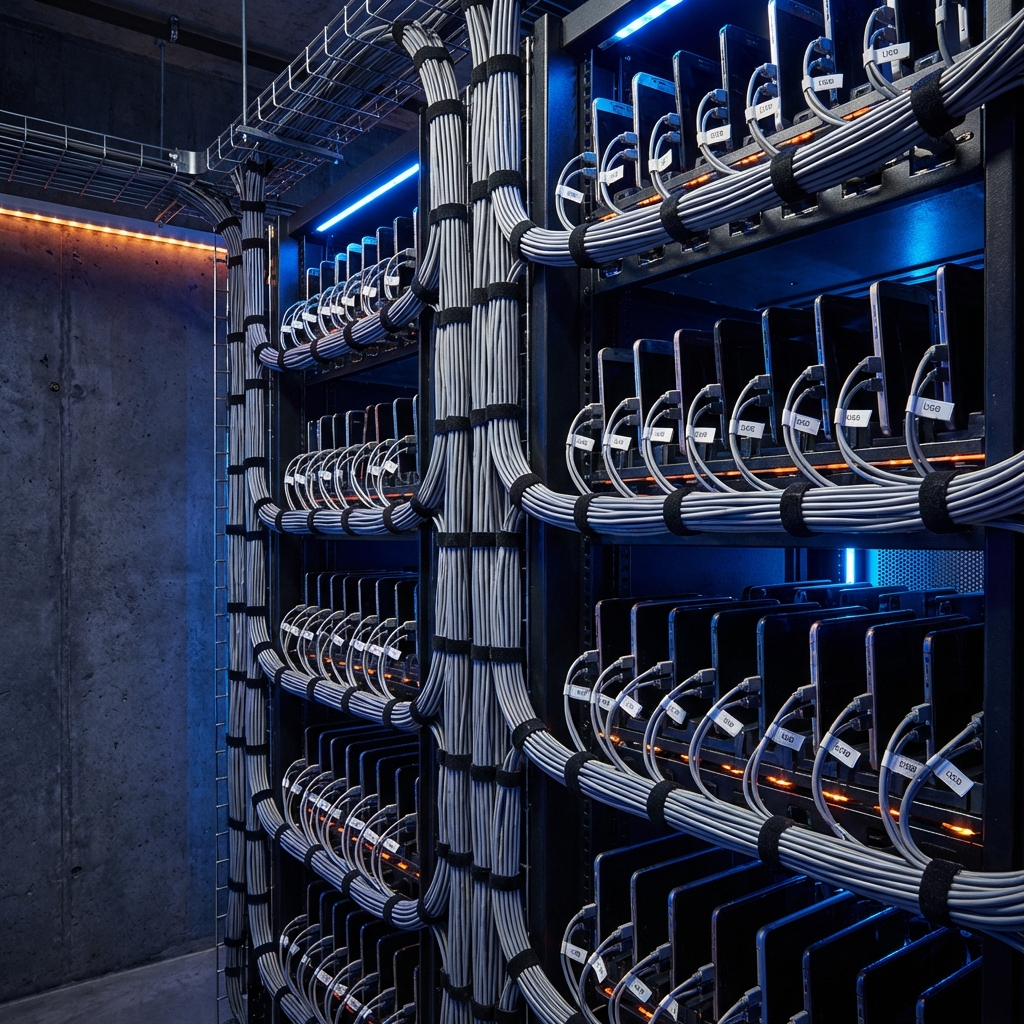 Professional cable management in a phone farm with organized USB cables