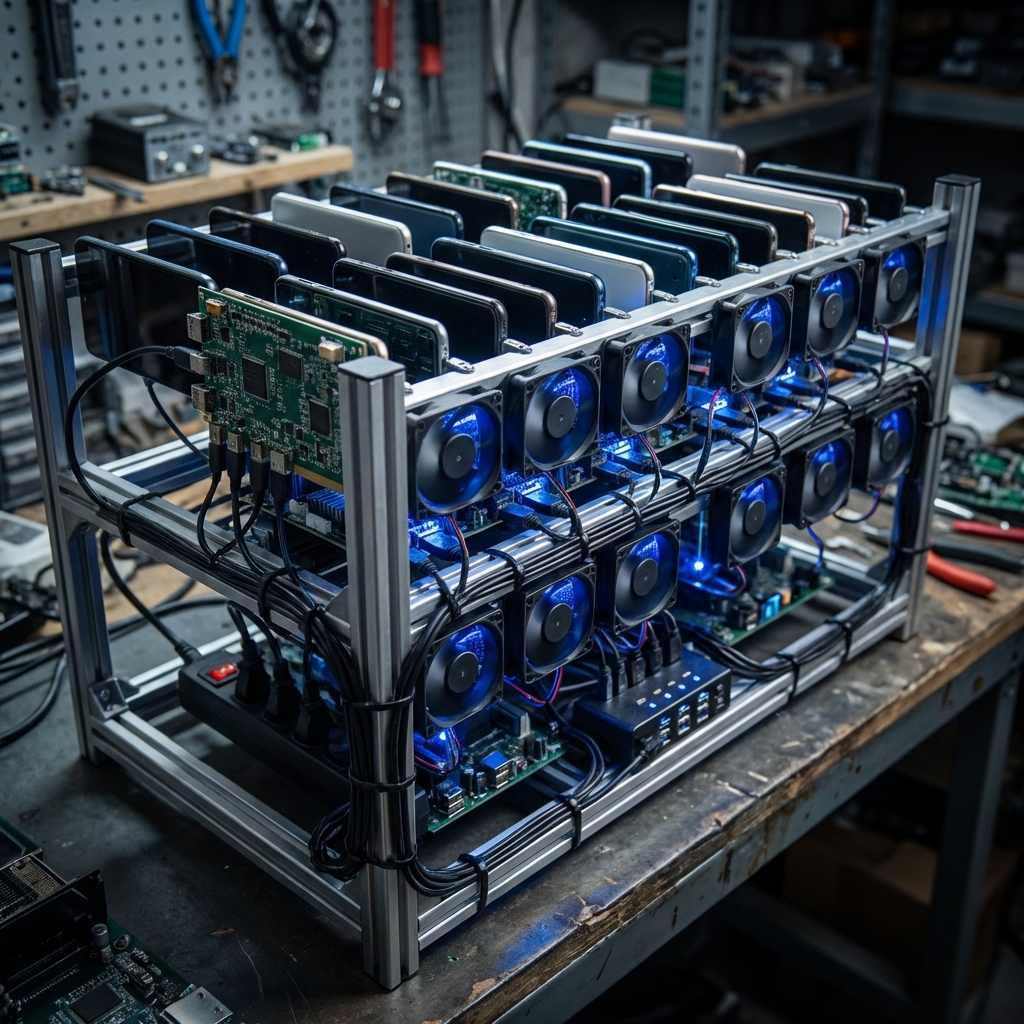 Phone farm cooling setup with fans directing airflow at device rack