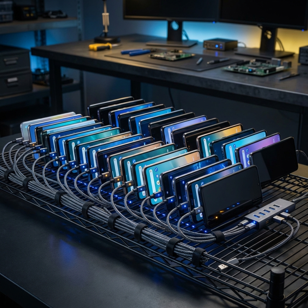 Professional phone farm setup with 20 Android smartphones in a wire rack with clean cable management