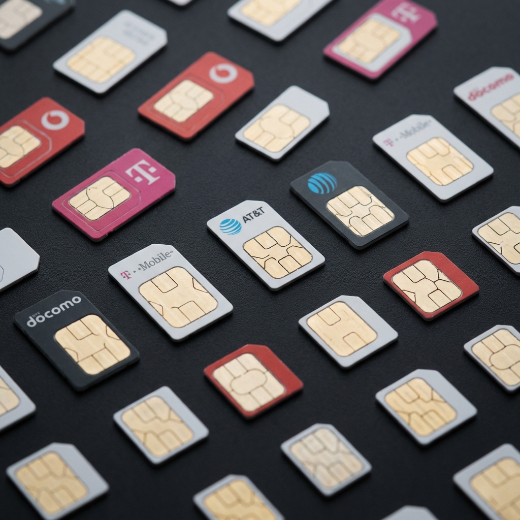 Array of SIM cards from various mobile carriers for phone farm operation